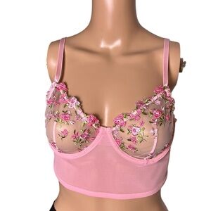 mesh lace sheer  bra, pink ,corset,floral embroidered,feminine,romantic NWOT